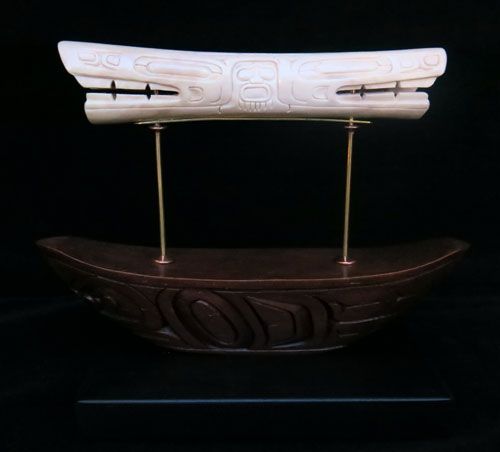 Bear, Bone Shaman Soul Catcher on Carved Wooden Boat Stand